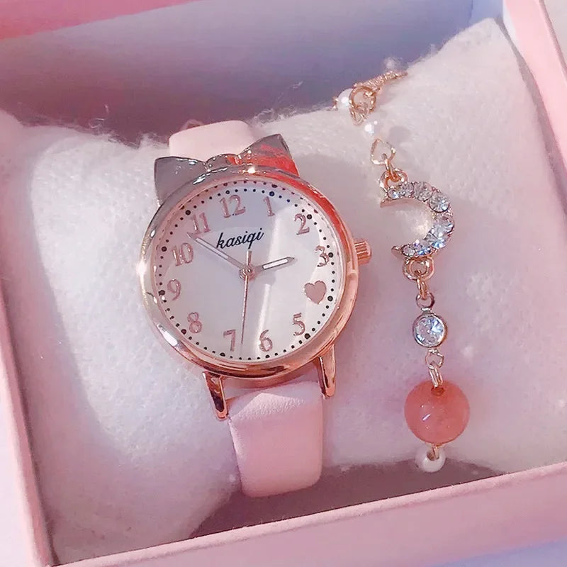 2023 Ins Fashion Women's Watch Cute Heart Female Student Quartz Watches Leather Strap Star Moon Bracelet+Watch Set Gift Relojes Vedee