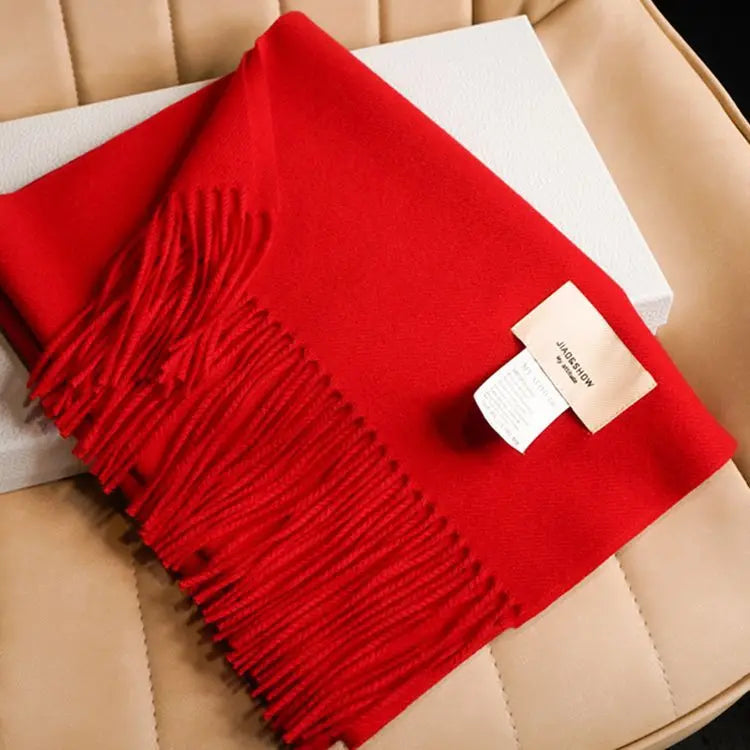 Solid Color Retro Chinese Red Tassel Fashion Comfortable Simple Women New Scarf Autumn Winter Thickened Warm Collar Long Shawl Vedee