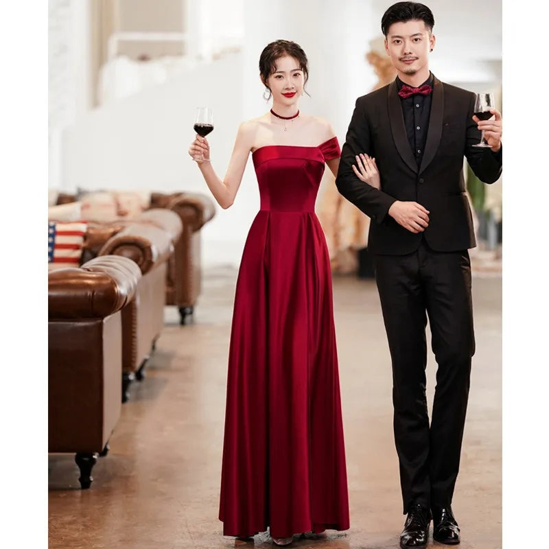 Women Burgundy One Shoulder Wedding Dress Elegant A Line Prom Party Gown Toast Clothing Vedee