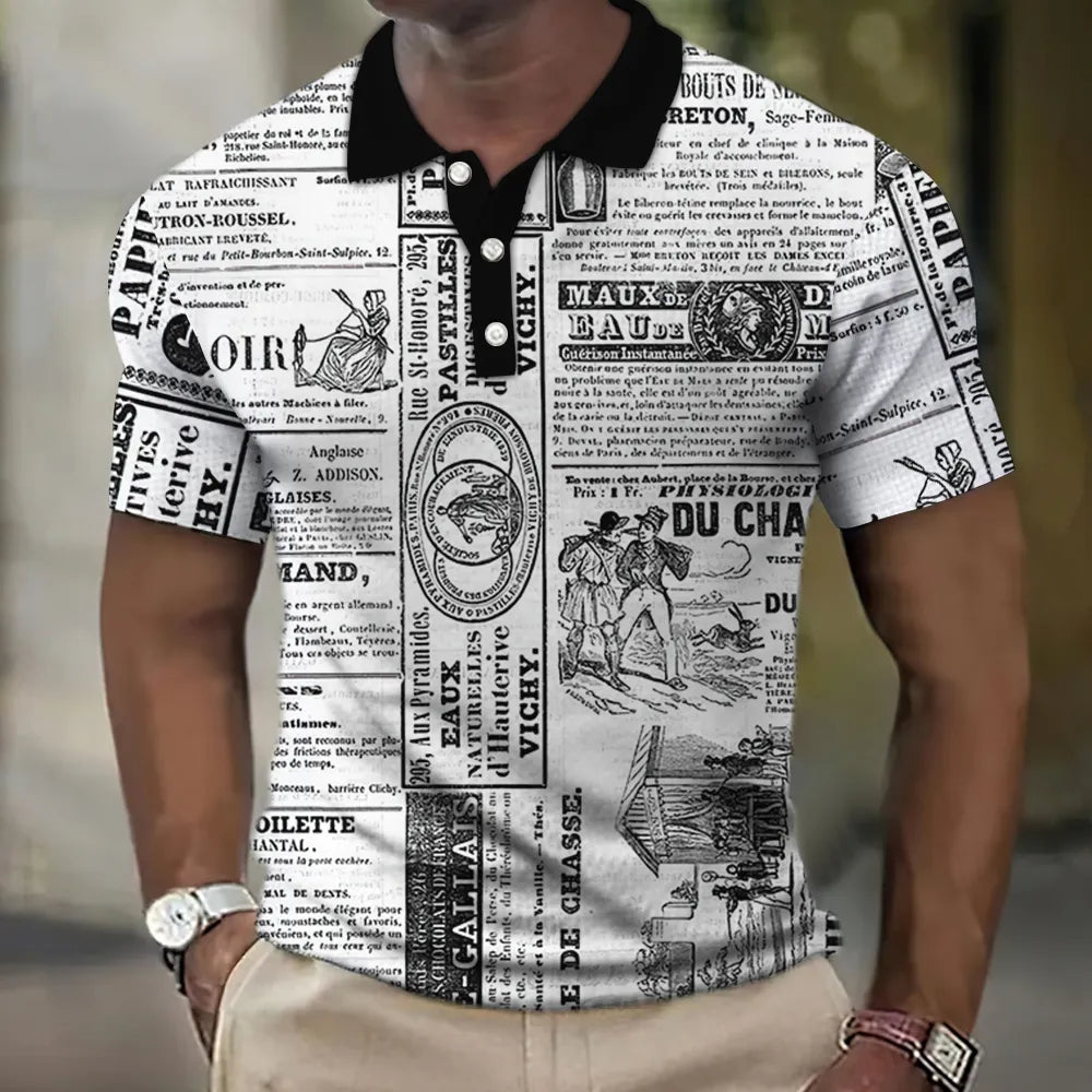 Vintage Men's Polo Shirt Newspaper Pattern T-Shirt Printed Polo Shirts Short Sleeve Tops High Quality Tees Fashion Men Clothing Vedee