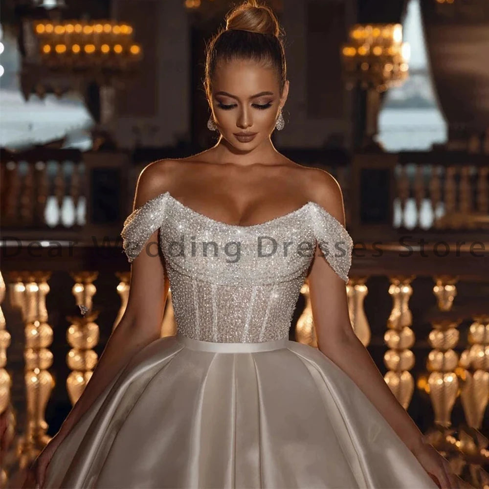 Arabic Off the Shoulder Wedding Dresses Sexy 2024 Sequins Beads Princess Women's Bride Gowns Satin Vestido De Noiva Robe платье Vedee