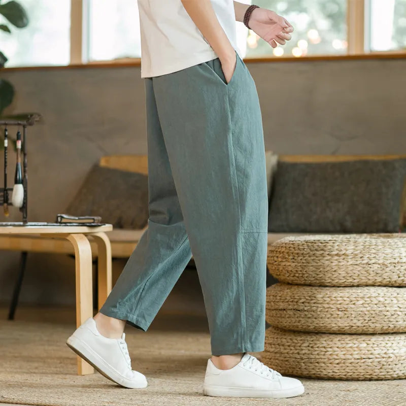 2023 Summer Men's Trousers Cotton Linen Fashion Casual Pants Solid Color Breathable Loose Shorts Straight Pants Streetwear M-5XL Vedee