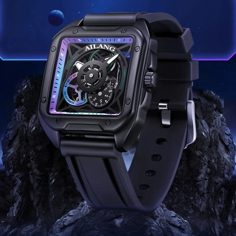 AILANG New Fashion Skeleton Mechanical Watch for Men Sports Silicone Strap Waterproof Luminous Automatic Hollow Watch Men's Vedee