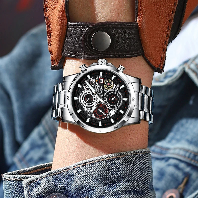 Relogio Masculino LIGE Men's Watches Top Brand Stainless Steel Hollow Sports Waterproof Quartz Watch Men Military Wristwatch+Box Vedee