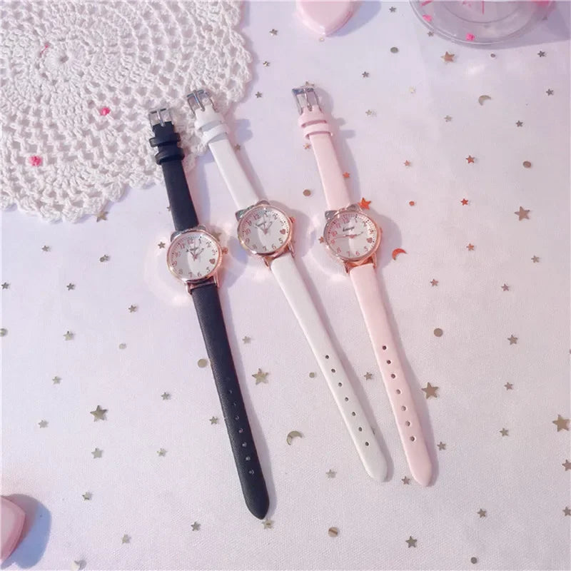 2023 Ins Fashion Women's Watch Cute Heart Female Student Quartz Watches Leather Strap Star Moon Bracelet+Watch Set Gift Relojes Vedee