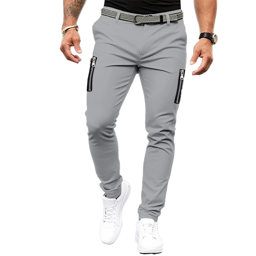 Mens Slim Fit Stretch Skinny Zip Up Pockets Chino Trousers Casual Flat Front Flex Classic Full Pants Solid Daily Men's Leggings Vedee