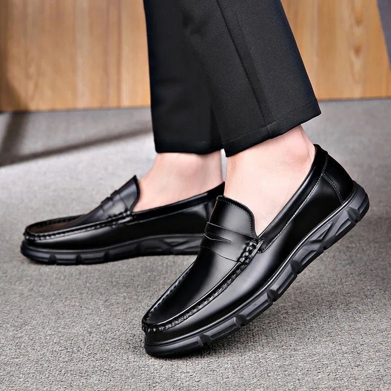 Korean style men's casual business wedding formal dress shoes slip-on driving shoe black tide original leather loafers slippers Vedee