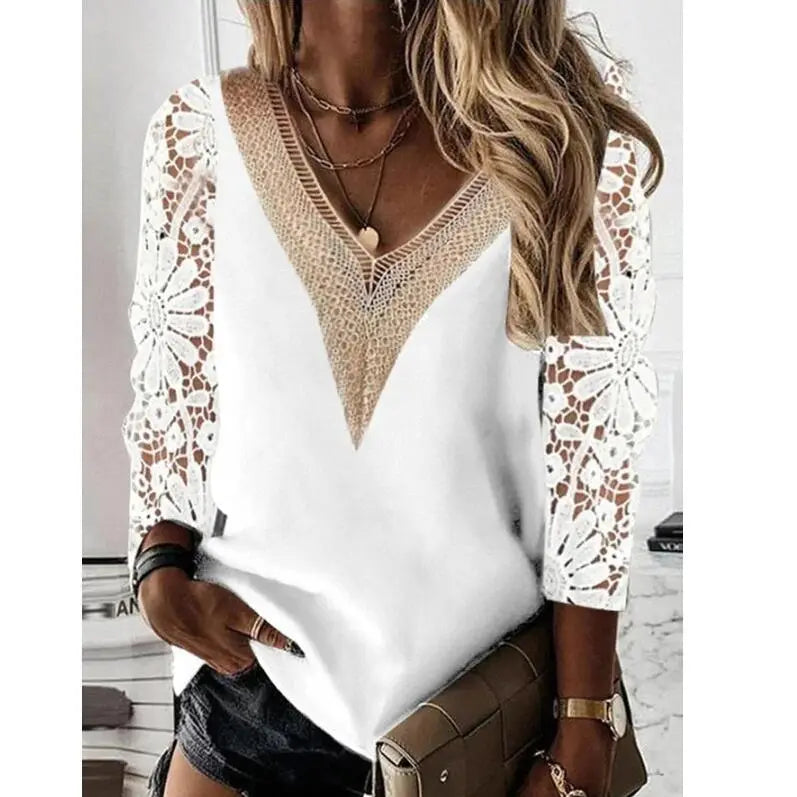 Women's Blouse Fall Elegant Lace Stitching V-neck Long Sleeve Top Spring Hollow Out Vintage White Shirt Casual Loose Shirt Women Vedee