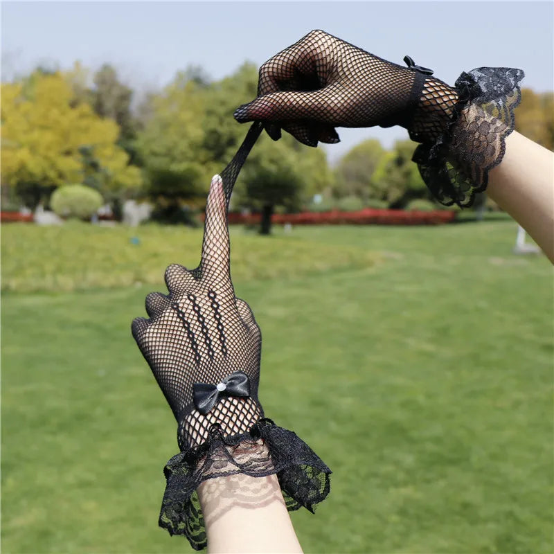 Women Black White Summer Uv-proof Driving Gloves Mesh Fishnet Gloves Lace Mittens Full Finger Girls Lace Fashion Gloves Vedee