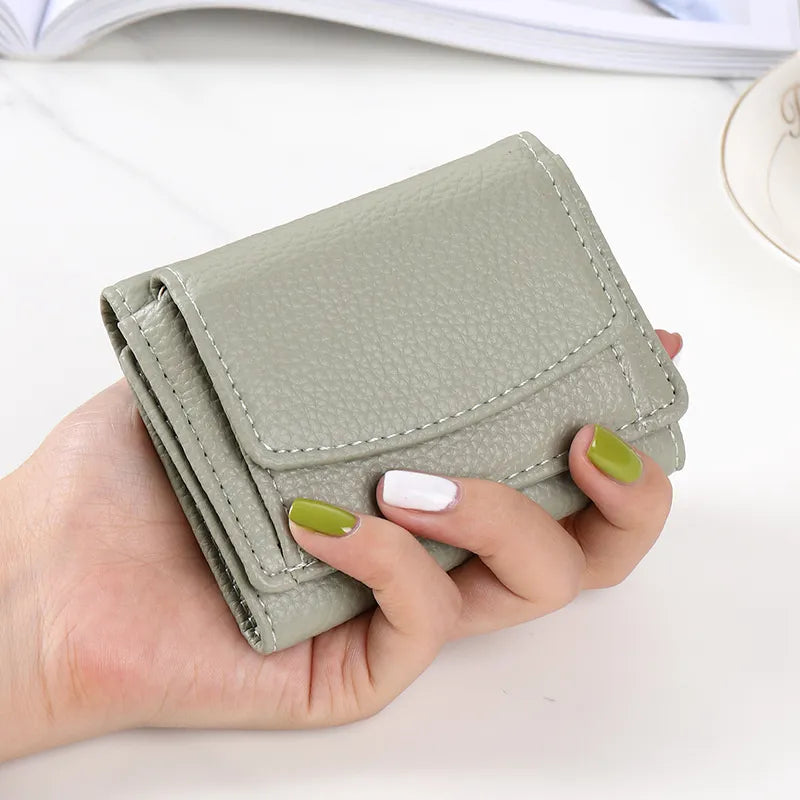 Three-fold Women Short Wallet Money Coin Purse Card Holder Mini Cute Clutch Female Solid Color PU Leather Slim Zipper Bag Vedee