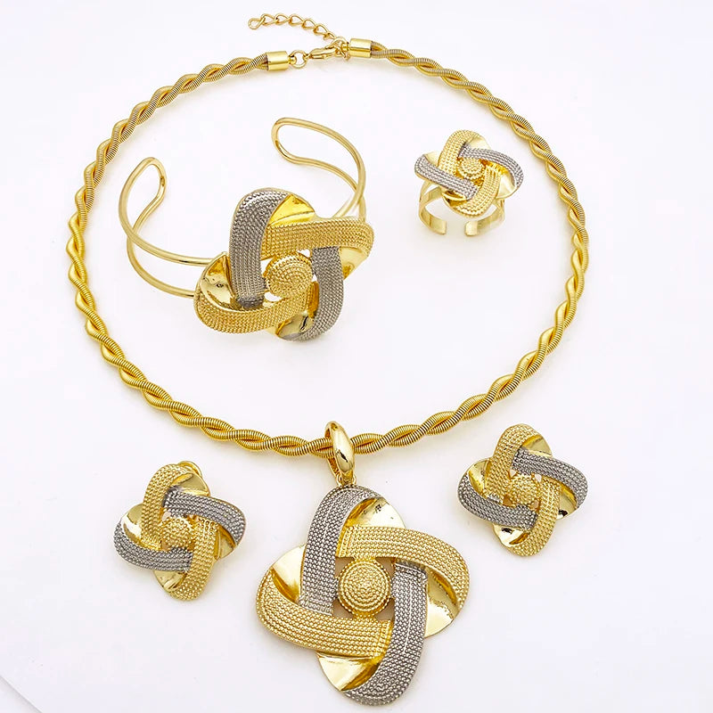 Women Necklace Earrings Bracelet Ring Jewelry Set Two Tone Luxury Design 18K Gold Plated Dubai Party Jewelry Nigeria Trending Vedee