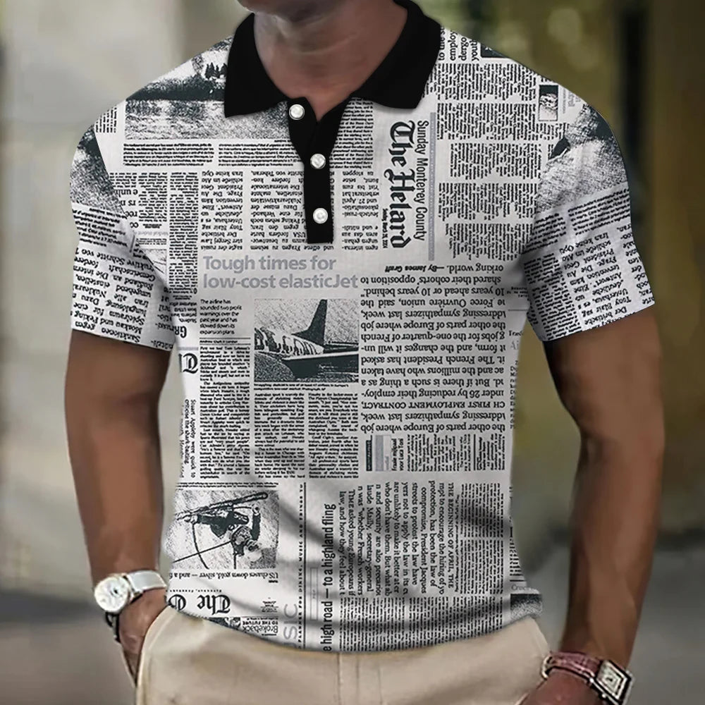 Vintage Men's Polo Shirt Newspaper Pattern T-Shirt Printed Polo Shirts Short Sleeve Tops High Quality Tees Fashion Men Clothing Vedee