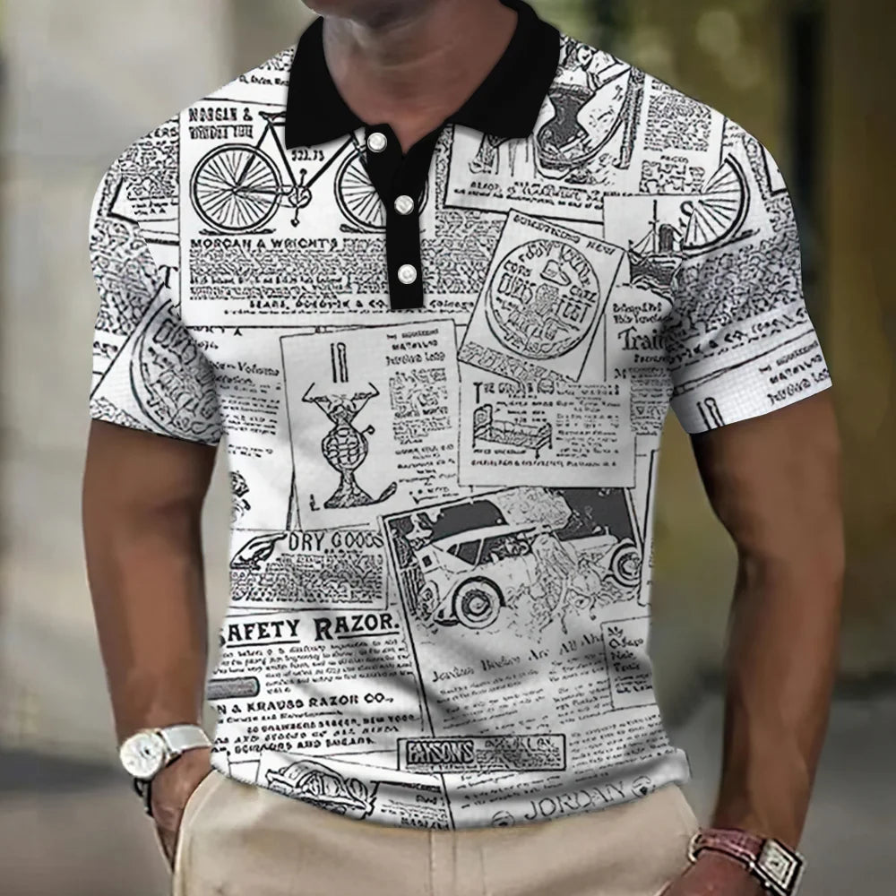 Vintage Men's Polo Shirt Newspaper Pattern T-Shirt Printed Polo Shirts Short Sleeve Tops High Quality Tees Fashion Men Clothing Vedee