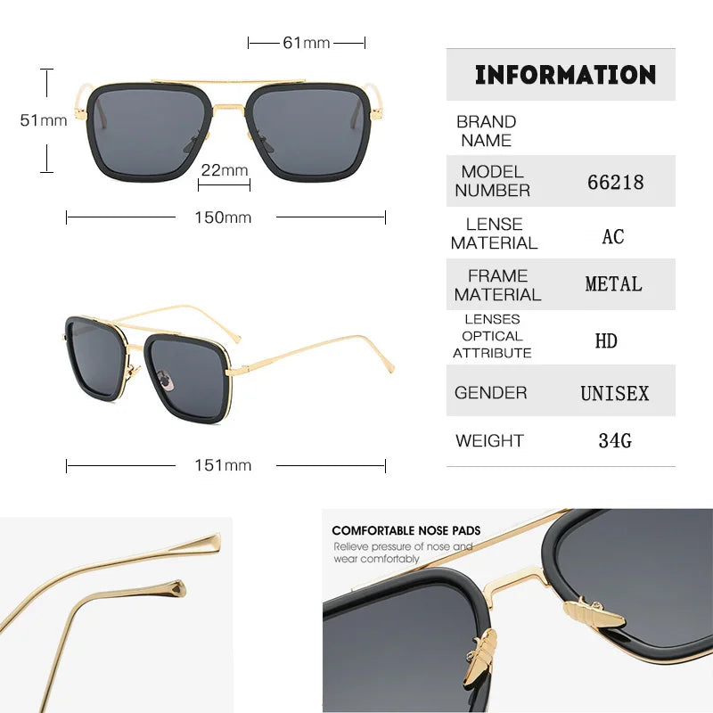 Sun Glasses Fashion Square frame Tony Stark Style Women Sunglasses Men Square Brand Design Sun Glasses Oculos Retro Male Iron Vedee