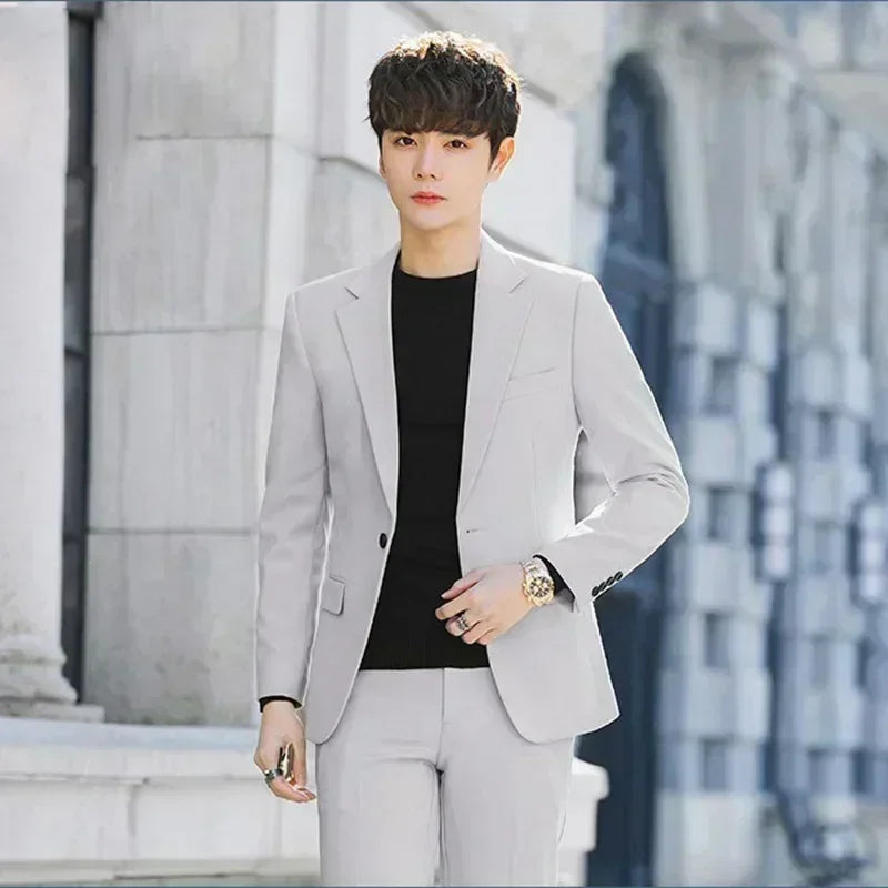 S-6XL Men's Business Casual Suit Korean Style Trendy Slim Fit 2 Piece Set Solid Color （Blazer+ Pants )Groom Wedding Dress Party Vedee