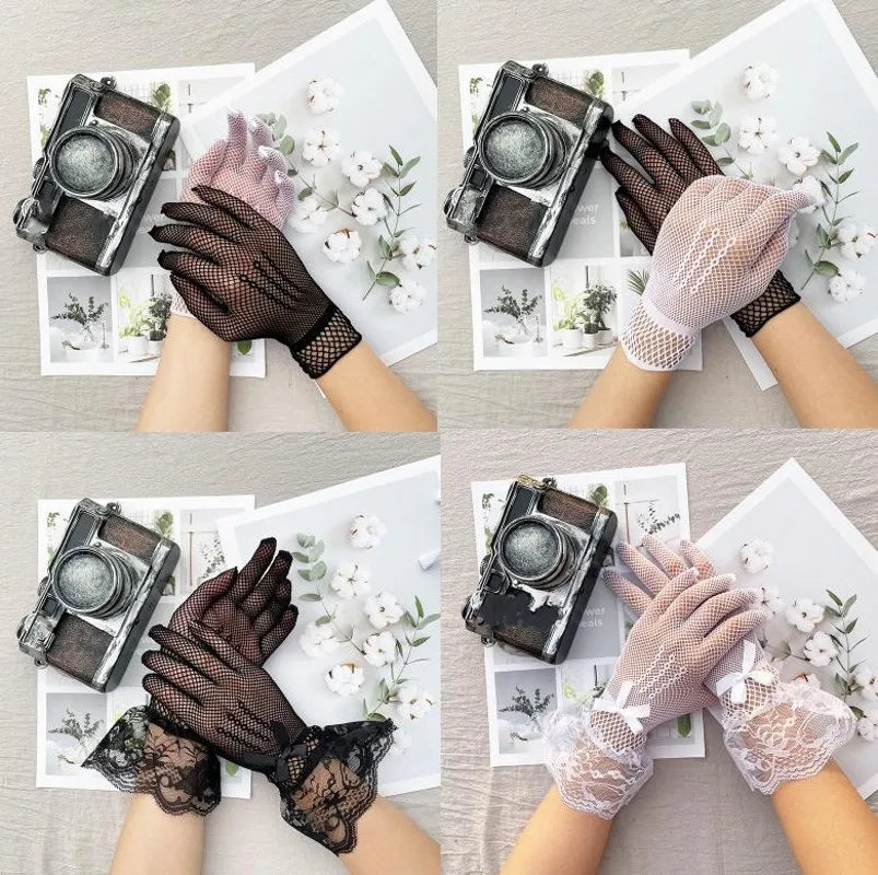 Women Black White Summer Uv-proof Driving Gloves Mesh Fishnet Gloves Lace Mittens Full Finger Girls Lace Fashion Gloves Vedee