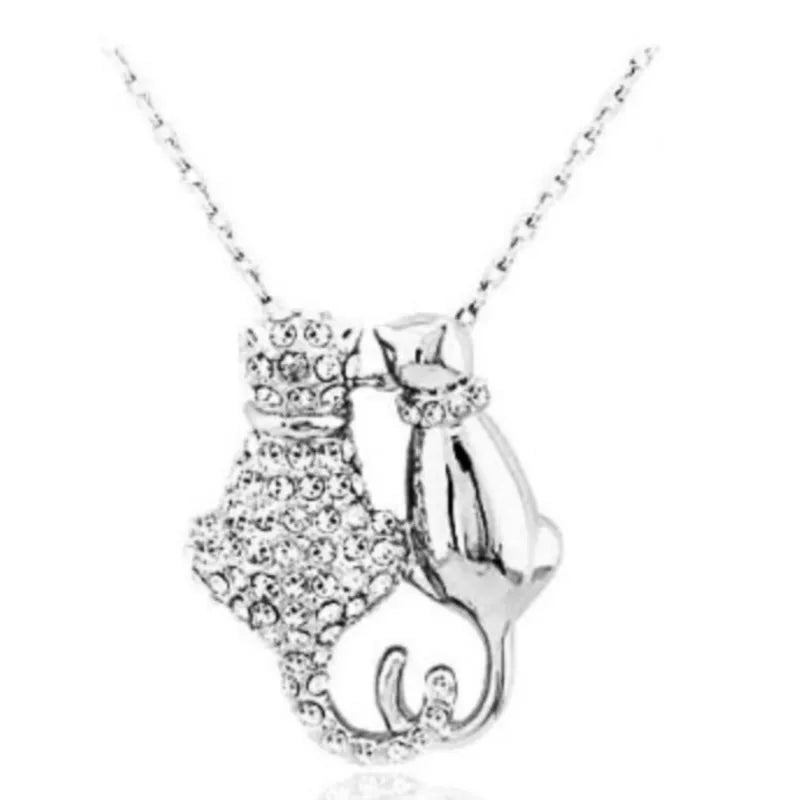 shine rhinestones Couple cat kitten Pendant Necklace sweater chain fashion jewelry lover girl birthday gift quality party date Vedee