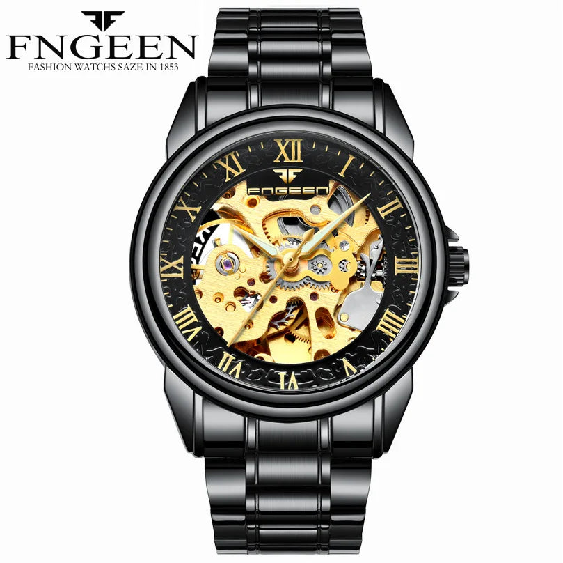 Men's Watch Fashion Luxury Automatic Mechanical Watch Stainless Steel Waterproof Sports Clock Hollow Skeleton Luminous Hands Vedee