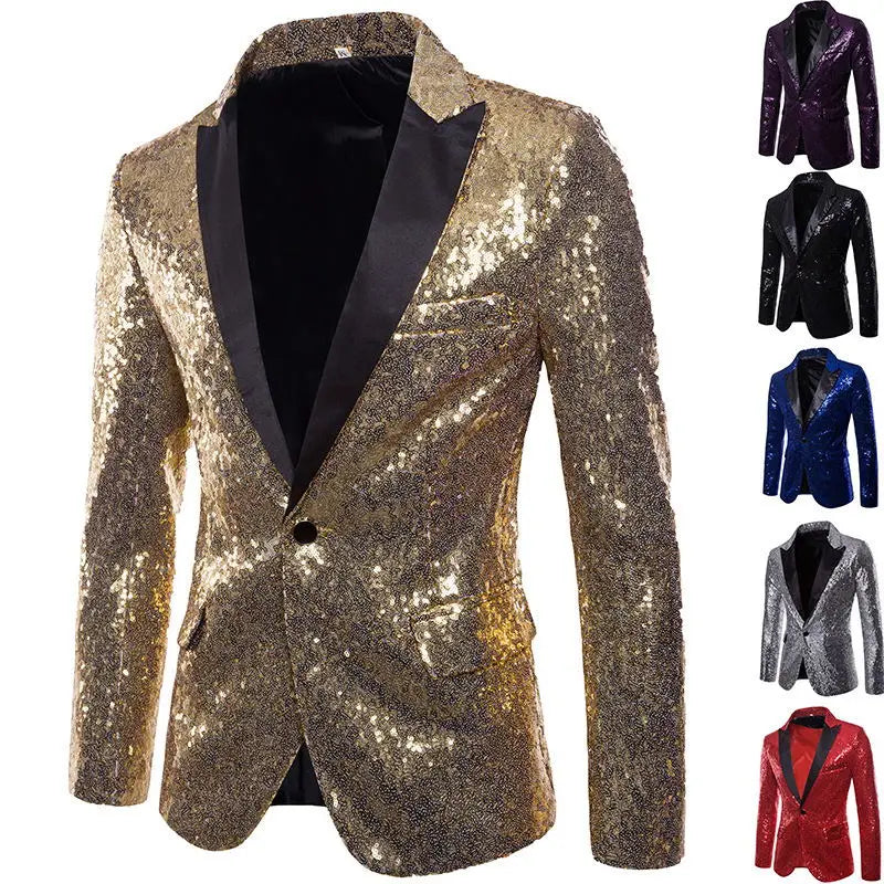 European and American Performance Dresses Gold Sequins Men's Suits Korean Nightclub Host Emcee Jacket European Size Blazer 2022 Vedee