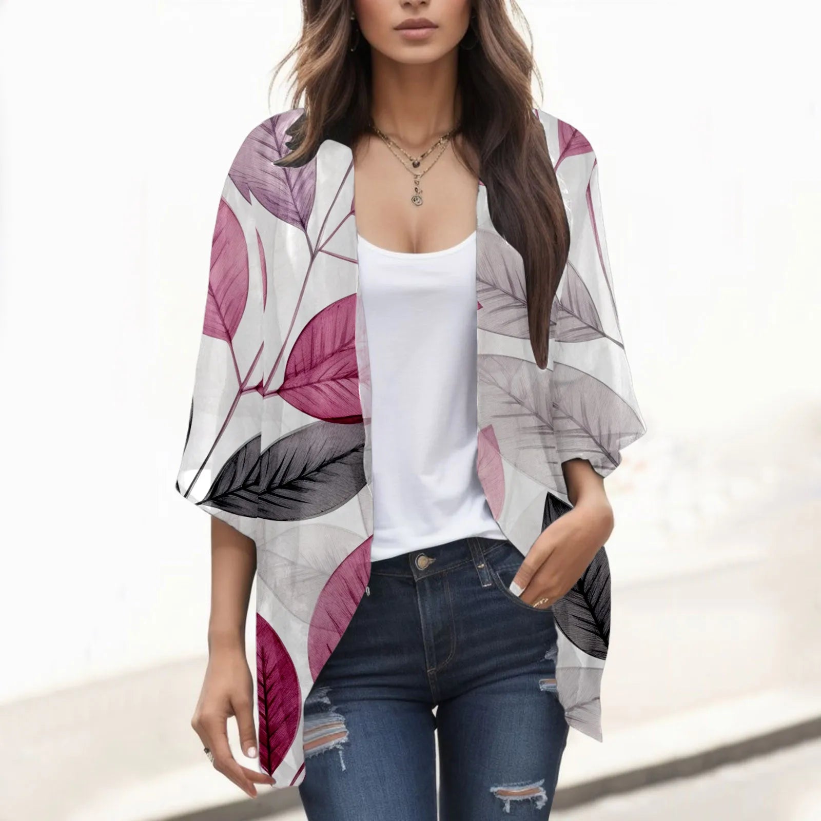 Floral Print Chiffon Cardigan Women's Puff Sleeve Loose Cover Up Oversized Female Casual T-shirt Blouse Fashion Tops Clothing Vedee