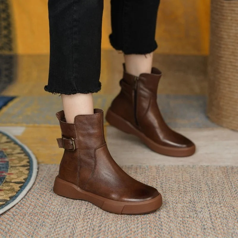 2024 New Retro Boots for Women Autumn Winter Women's Shoes Leather Casual Flat Ankle Boots Female Platform Short Boots Vedee