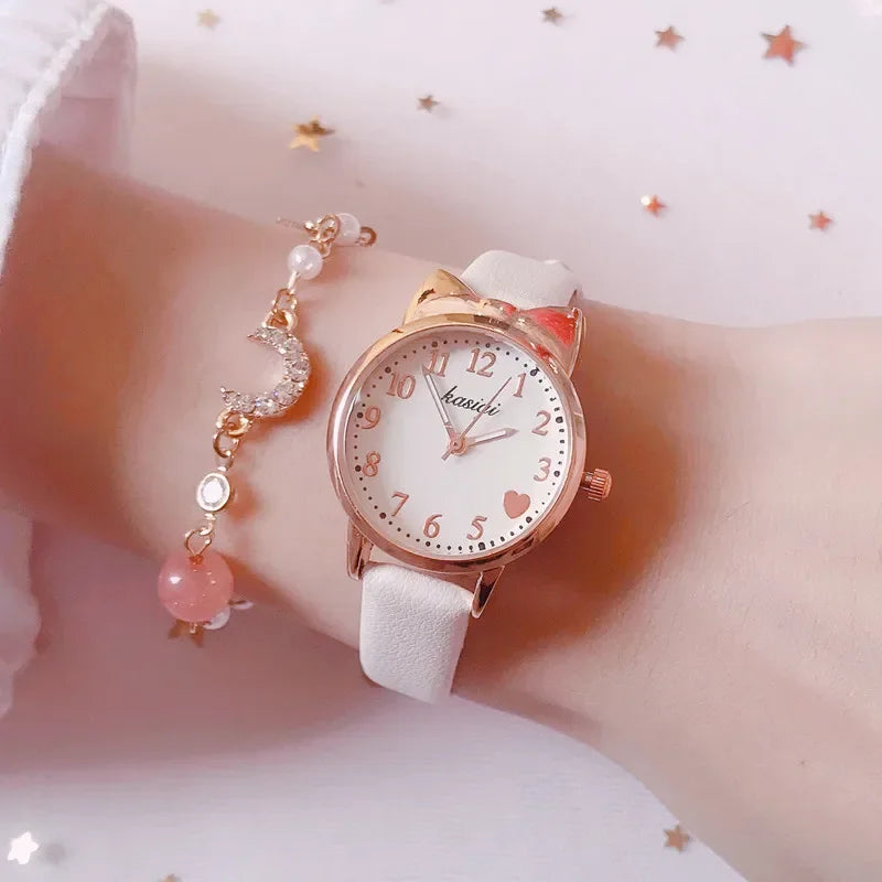 2023 Ins Fashion Women's Watch Cute Heart Female Student Quartz Watches Leather Strap Star Moon Bracelet+Watch Set Gift Relojes Vedee