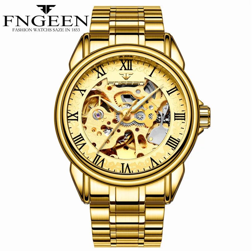 Men's Watch Fashion Luxury Automatic Mechanical Watch Stainless Steel Waterproof Sports Clock Hollow Skeleton Luminous Hands Vedee