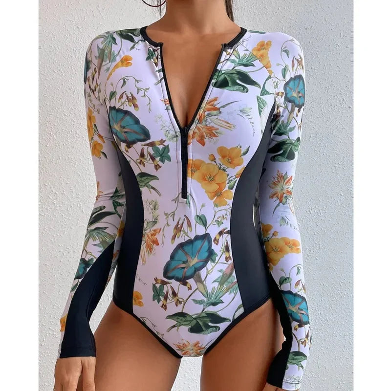 Summer Print Zipper One Piece Swimsuit Closed Long Sleeve Swimwear Sports Surfing Women's Swimming Bathing Suit Beach Bather Vedee